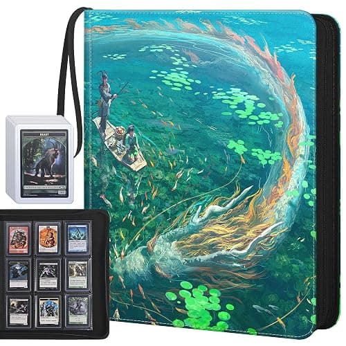 UGYAZX Top Loader Binder, 9 Pocket Holds 360 Toploaders, Acid-Free PVC-Free Side-Loading Pages, Full-Zip PU Binder for Standard 3" x 4" Top Loaders, TCG, MTG & Sports Cards, Blue Lake Dragon - Image 1