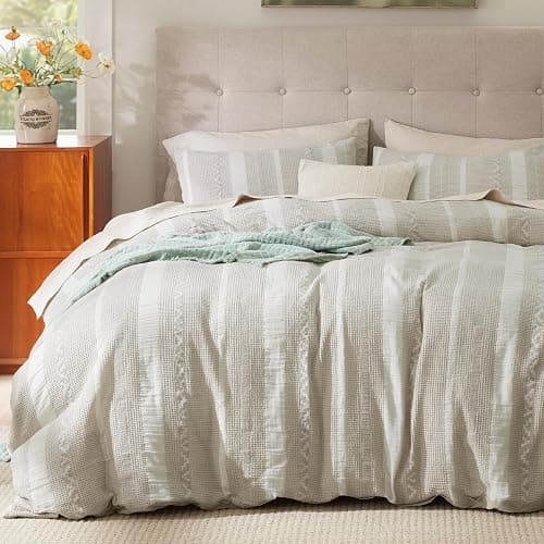 Bedsure Waffle Weave Duvet Cover King - 100% Cotton Boho Duvet Cover with 2 Pillowcases - Linen Color Textured Comforter Cover with Zipper Closure (King, 104"x90") - Image 1