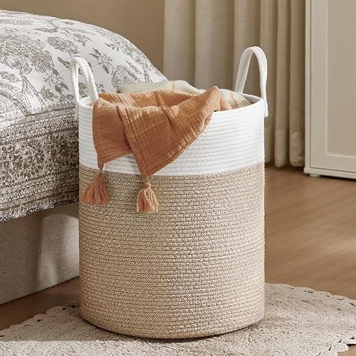SONGMICS Laundry Hamper, Cotton Rope Laundry Basket with Handles, for Children, Toys, Clothing, Living Room, Bedroom, 15.8 Gallons, 13.8 x 13.8 x 19.7 Inches, White and Grayish Brown URLH061LZ01 - Image 1