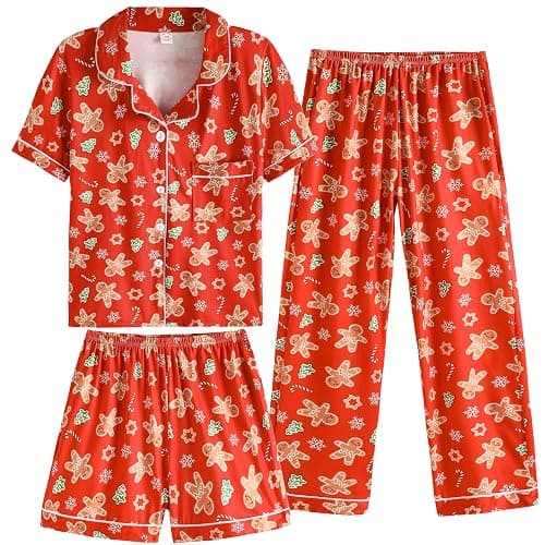 Vopmocld Girls Pajama Sets 3pcs Button Down Short Sleeve Long Pants With Shorts Sleepwear Cute Patterns Nighty For Teens - 12 - Xmas Gingerbread - Image 1