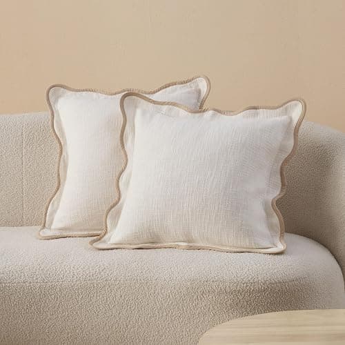Double Stitch Scalloped Throw Pillow Covers - 100% Cotton Set of 2 Decorative Boho Pillow Covers 20 x 20, Made in India, Square Cushion Case, Modern Home Decor for Couch Sofa Living Room, Cream - Cream - 20" x 20" (Pack of 2) - Image 1