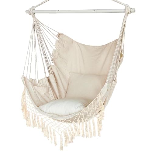 Hammock Chair, Hanging Rope Swing Seat with 2 Cushions,Macrame Hanging Chair Side Pocket with High Load-Bearing Metal Rod,for Indoor, Outdoor, Extra Comfortable - Image 1