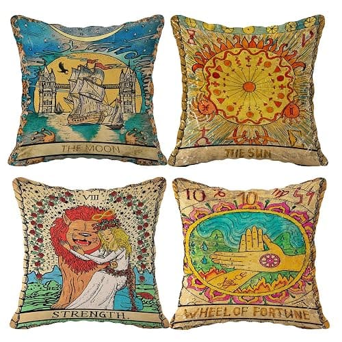 (RB) Tarot The Moon Sun Flannel Throw Pillow Case, 18 x 18 Inch Set of 4, Daughter Sister Astrology Tarot Lovers Gifts, Mom, Gifts, Tarot Art Cushion Cover for Sofa Couch Bed Girl Room College Dorm - Image 1