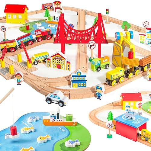 110PCS Wooden Train Set - Toy Magnetic Trains with Wooden Track Set for Kids Ages 3-8, City Scene Railway Set, Perfect Christmas Birthday Gift for Grandkids Toddlers Boys Girls - Image 1