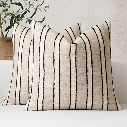 FIOUOVO Striped Linen Throw Pillow Covers 18x18 Set of 2, Beige | Modern Farmhouse Neutral Decorative Accent Woven Textured Cushion Covers for Sofa Couch Living Room Bedroom - Image 1