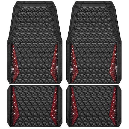 CAR PASS Bling Diamond Car Mats Rubber Floor Mats Full Set Anti-Slip 3D Rhombus Waterproof Trim to Fit Liner Universal Glitter Crystal Sparkly Shining Rhinestone Girl Women SUV Sedan Van, Black Red - Image 1