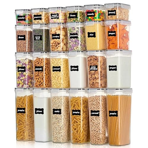 Airtight Food Storage Containers with Lids, Vtopmart 24 pcs Plastic Kitchen and Pantry Organization Canisters for Cereal, Dry Food, Flour and Sugar, BPA Free, Includes 24 Labels,Black - Image 1