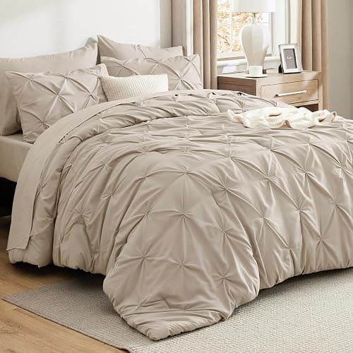 Bedsure Queen Comforter Set Beige - Bed in a Bag Queen Size Bedding 7 Pieces, GentleSoft™ Pintuck Bed Set Gift for Family, Pinch Pleat All Season Comforter with Sheets, Pillowcases & Shams - Image 1