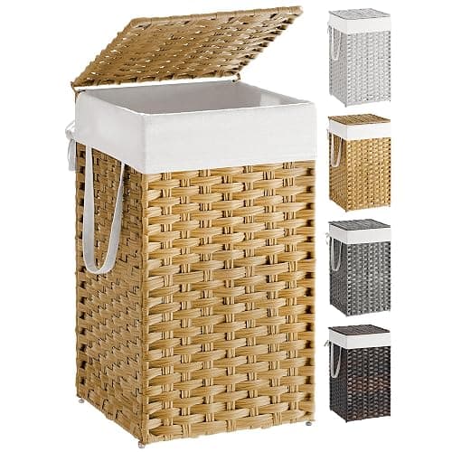 SONGMICS Laundry Hamper with Lid, 17.2 Gallon (65 L) Synthetic Rattan Clothes Laundry Basket with Lid and Handles, Foldable, Removable Liner, Goose Yellow ULCB165N01 - Image 1