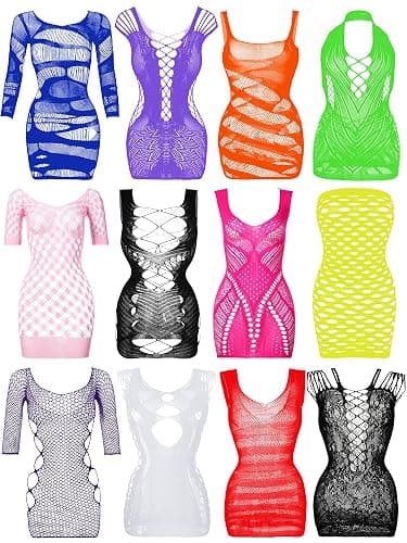 Geyoga 12 Pieces Women's Fishnet Lingerie Mesh Babydoll Bodysuit Lace Smock Lingerie for Women (Fresh Color) - Image 1