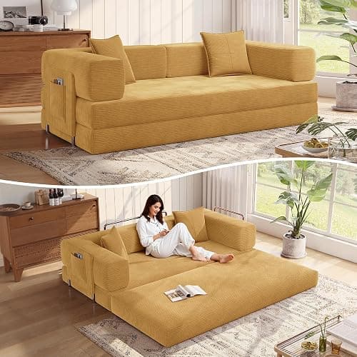 MoonSpeak 78.8''Sleeper Couch Bed for Livingroom,Convertible Modular Sofa with Armrest Pillow,Modular Fldable Corduroy Couches in a Box,No Assembly (Yellow) - Image 1