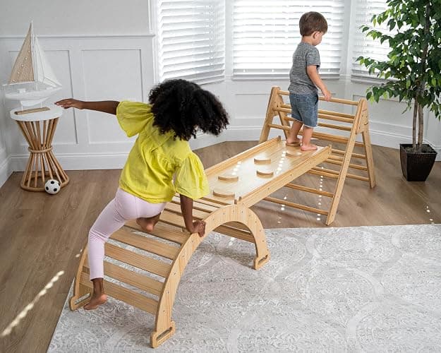 Avenlur Hazel 5-in-1 Indoor Climbing Gym - Waldorf and Montessori Climbing Set with Triangle Ladder, Climbing Ramp, Arch Climber, Rocker, and Slide - Montessori Toys for Children 18mo to 7yr (Natural) - Image 1