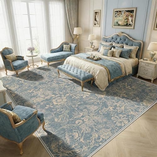 Deerly Large Rug 8x10 for Bedroom Washable Floral Farmhouse, Dusty Blue | Vintage Tranditional Rug, Non Slip, Low Pile, Thin Floor Decor Soft Decorative Rug for Home Office, Living Room, Dining Room - Image 1