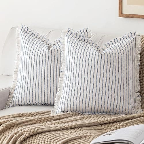 YEENAASY Throw Pillow Covers 18x18 Set of 2 Striped Fringe Pillow Cover Farmhouse Cushion Covers with Tassel Neutral Boho Pillows Decorative Square Pillowcase for Couch Sofa Bed, Blue - Image 1