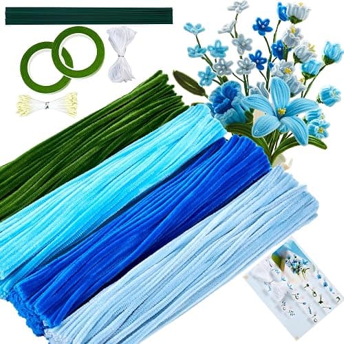 400 Pcs Pipe Cleaner Flower Kit Blue Pipe Cleaners Bulk Craft for DIY | with 5 colors Chenille Stems with Instruction Floral Tape, Ribbon, Flower Centers, and Stems - Image 1
