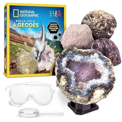 National Geographic Break Open 4 Geodes Science Kit – Includes Goggles and Display Stand - STEM Science Gift for Boys and Girls, Break Your Own Geodes with Crystals (Amazon Exclusive) - Image 1