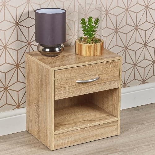 URBNLIVING 1 Drawer Compact Wooden Bedroom Bedside Cabinet Furniture Nightstand Side Table (Anthracite Oak) - Image 1