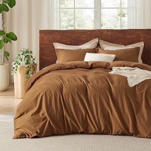 Bedsure 100% Washed Cotton Duvet Cover Queen Size - Brown Minimalist Cotton Duvet Cover Linen Like for All Seasons - GentleSoft™ Plain Simple Bedding, 3 Pieces (Brown, Queen, 90"x90") - Queen (90" x 90") - 06 - Argan Oil (No Comforter) - Image 1
