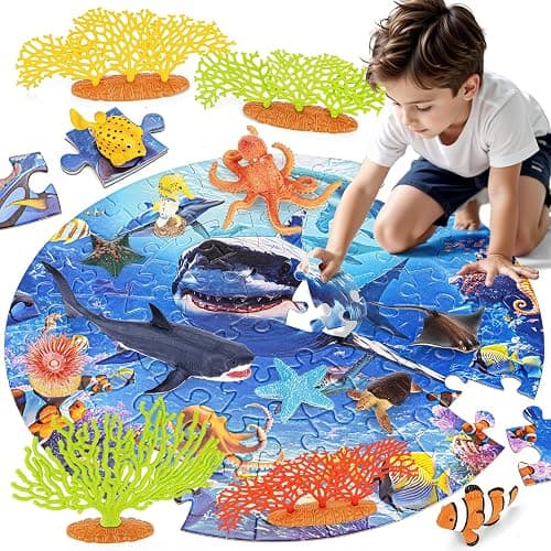 THINKBAY 14PCS Realistic Ocean Sea Animals Coral Toys with 20" Floor Puzzles for Kids, Kids Ocean Animals Toys Including Shark,Octopus,Starfish,Sea Turtle for Toddler Boys Girls, Birthday Gifts - Image 1