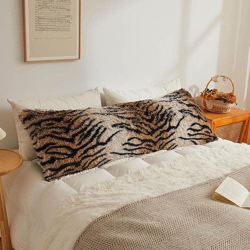 XeGe 20x54 Fluffy Body Pillow Cover, Tiger Print Plush Fuzzy Faux Fur Body Pillowcase with Zipper, Rectangular Shaggy Furry Long Pillow Cover for Pregnant Women Side Sleeper, Tiger Print Brown - Image 1