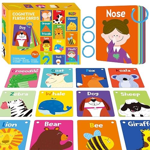 50 PCS Kid First Cognitive Flashcards,Double Sided Printed 7 in 1 Colorful Cards Alphabet,Numbers, Foods,Animals,Shapes,Colors with 3 Reclosable Rings,Learning Tool for Pre-K Kindergarten Toddlers - Image 1