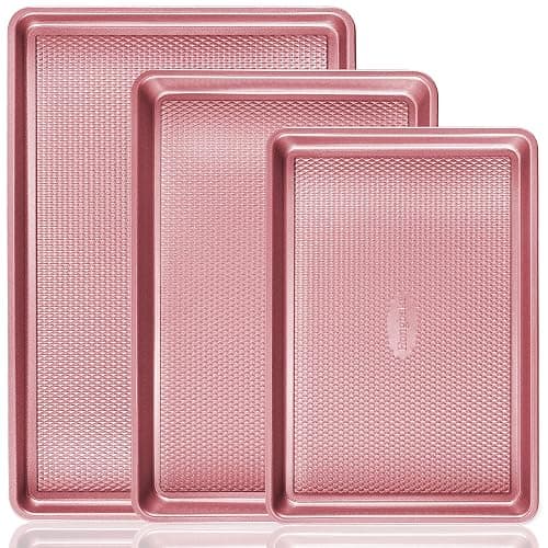 HONGBAKE Baking Sheet Pan Set, Cookie Sheets for Oven, Nonstick Half/Quarter/Jelly Roll Pans with Diamond Texture Pattern, Heavy Duty Cookie Tray, Pink - Image 1