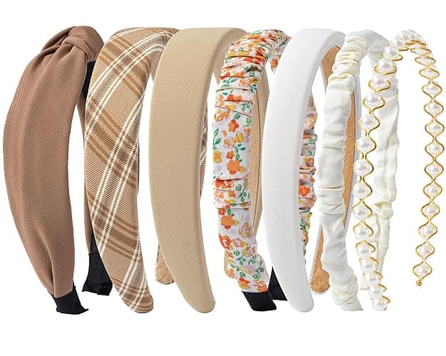 Sunolga 7 Pack Brown Headbands for Women Girls Non Slip Floral Padded Hairbands Cute Pearl Head bands Wide Headbands Trendy Hair Accessories - Image 1
