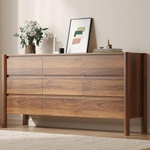 CHUWELL Dresser for Bedroom, 63" Wide Mid Century Modern Chest of Drawers with 9 Large Storage Space and 4 Solid Wood Cylindrical Legs, 9 Drawer Large Dresser for Bedroom(Walnut) - Image 1