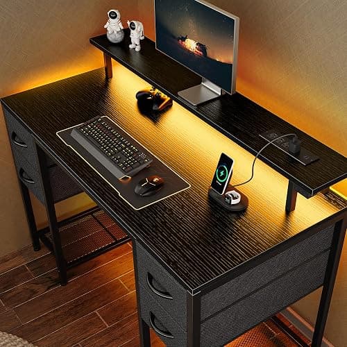 Huuger 47 inch Computer Desk with 4 Drawers, Gaming Desk with LED Lights & Power Outlets, Home Office Desk with Large Storage Space for Bedroom, Work from Home, Black - Image 1