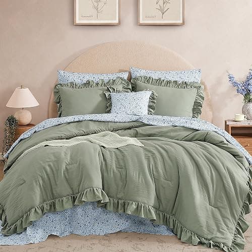 BLOOMHAVEN Queen Comforter Set - 7 Pieces Ruffle Sage Green Bedding Sets, Shabby Chic Farmhouse Bed in a Bag Queen with Ruffle Comforter, Floral Sheets, Pillowcases & Shams - Image 1