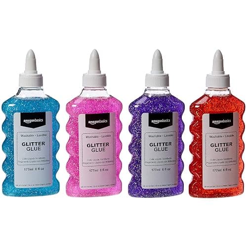 Amazon Basics Liquid Washable Glitter Glue for Making Slime, Art Crafts and School, Assorted Colors (Purple, Pink, Red, Blue), 6 oz Each, 4-Count - Image 1