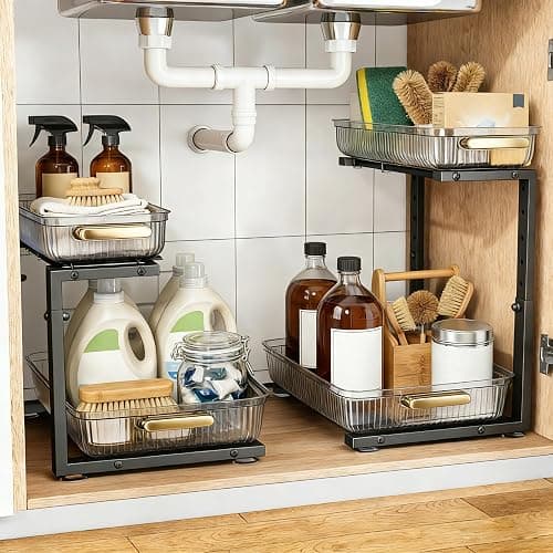ARSTPEOE Under Sink Organizer - 2 Packs Multi-Purpose Pull-Out Storage Organizers, Slide out Pull out Cabinet Organizer Shelf, Storage for Kitchen Bathroom, Clear - Image 1
