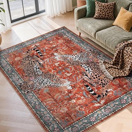 Moynesa Leopard 5x7 Area Rug, Boho Washable Living Room Rug, Non Slip Rugs for Bedroom, Ultra Thin Vintage Soft Stain Resistant Throw Floor Carpet for Office Dining Room, Rust - Image 1