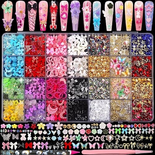 Rolybag 10000Pcs Nail Charms and Gems, Y2K 3D Charms Nail Rhinestones | Variety Bows Butterfly Flowers Moon Star Gold Pearls Metal Studs Nail Jewels with Wax Pen & Tweezers for DIY Nail Art Design - Image 1