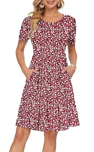AUSELILY Women's Short Sleeve Summer Dress Pleated Loose Swing Knee Length Dresses with Pockets 2025 New - X-Small - 02-red Flowers - Image 1