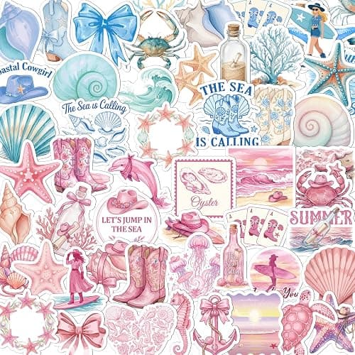 Vemfare 100 Pcs Beach Coastal Ocean Stickers Beachy Aesthetic Stickers | Coastal Granddaughter Sticker, Waterproof Vinyl, Blue Pink Pattern, Aesthetic Decals for Water Bottle Luggage Laptop Journal - Image 1