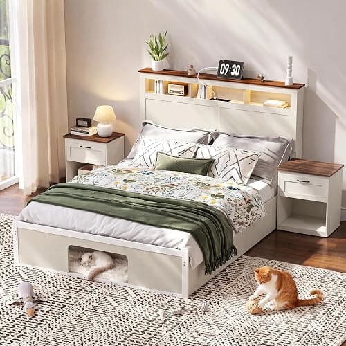 FUNKOCO Farmhouse Bedroom Set, Full Wood Bed Frame & Nightstands Set of 2 | 3-Piece Bed Frame with Cat & Dog Bed, Storage Headboard and 2 Drawers, LED Lights & Charging Station, No Box Spring Needed - Image 1