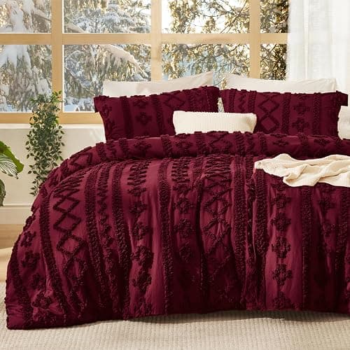 Bedsure Tufted Boho Comforter Set Queen Size - Burgundy Boho Bed Set, GentleSoft™ 3 Pieces Farmhouse Shabby Chic Embroidery Bedding, Gifts for Woman, Soft Jacquard Queen Comforter for All Seasons - Image 1