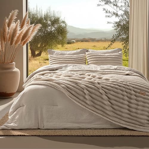 Bedsure Gentlesoft 2-in-1 Queen Comforter Set and Detachable Fluffy Blanket, Beige Bedding Set for All Season Use, SnapTech Design for Space Saving (Includes 2 Pillow Shams, 2 Pillowcases) - Image 1