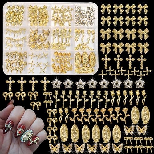 ZUMILLMN 96PCS 3D Nail Charms - Gold Alloy Bow, Rose,Butterfly,Cross,Star,Virgin Mary & Coin Charms, Shiny Nail Rhinestones for Nail Art, Manicure, DIY Jewelry Making(96pcs) - Image 1