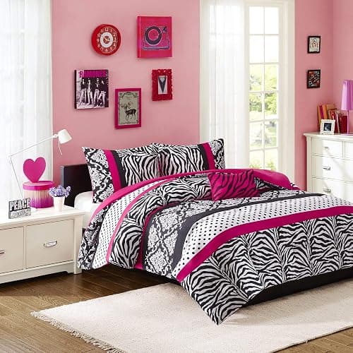 Intelligent Design Comforter Set Fun Bedroom Décor - Modern All Season Polka Dot Print, Vibrant Color Cozy Bedding Layer, Matching Sham, Decorative Pillow, Full/Queen, Zebra Pink 4 Piece - Image 1