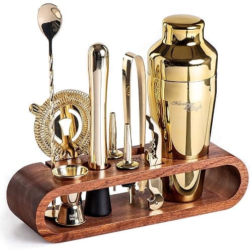 Mixology Bartender Kit: 10-Piece Bar Tool Set with Mahogany Stand | Perfect Home Bartending Kit and Martini Cocktail Shaker Set For a Perfect Drink Mixing Experience | Fun Housewarming Gift (Gold) - Gold - Image 1