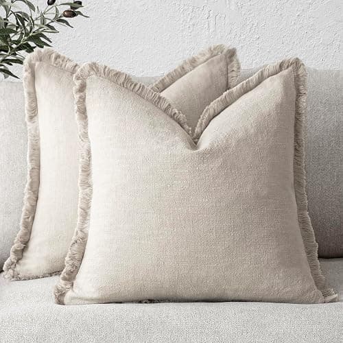 Foindtower Set of 2 Decorative Linen Fringe Throw Pillow Covers Cozy Boho Farmhouse Cushion Cover with Tassels Soft Accent Pillowcase for Couch Chair Sofa Bed Living Room Home Decor,18×18 Inch,Beige - Image 1