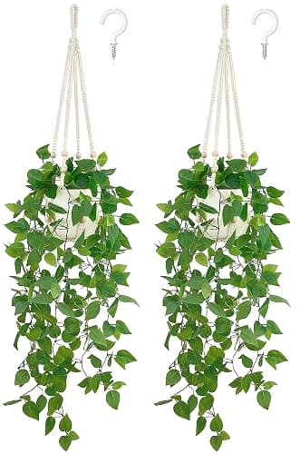 Mkono 2 Packs Fake Hanging Plant with Pot, Artificial Plants Macrame Plant Hanger Fake Vine Greenery for Bedroom Bathroom Home Office Decor - Image 1