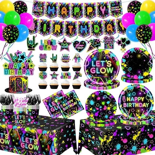 Neon Party Supplies Serves 24,Glow in The Dark Themed Tableware Including Plates,Napkins,Banner,Tablecloths Neon Birthday Party Decorations for Let's Glow Baby Shower Birthday Favors - Image 1