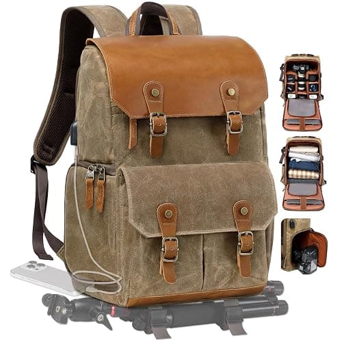 Padwa Lifestyle Khaki Camera Backpack - Waxed Memory Weather Resistant Canvas Camera Bag, Multi DSLR SLR Large Camera Backpacks for Photographers with 16” Laptop & Lens Compartment and Tripod Holder - Image 1