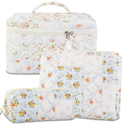 GISMTR 3PCS Makeup Bag Set, Cute Quilted Floral Cosmetic Bag, Large Travel Aesthetic Make up Bag, Coquette Makeup Pouch Toiletry Bag for Women Girls, Flower patchwork - Flower Patchwork - Image 1
