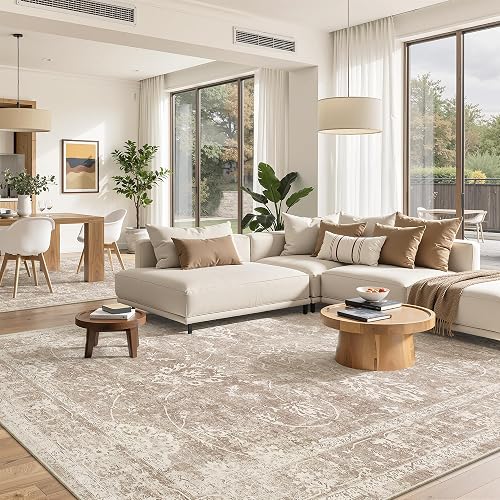 Madane 8x10 Area Rugs for Living Room, Machine Washable Vintage Rug with Non-Slip Backing, Soft Floral Print Large Throw Rugs, Thin Carpet for Bedroom Dining Room Farmhouse (8 x 10, Brown/Sand) - Image 1