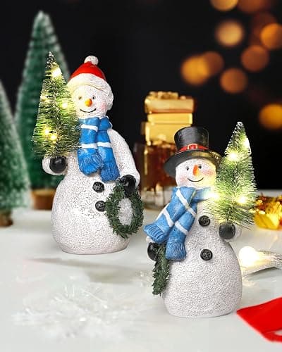 iStatue Resin Snowmen Figurines with Lighted Christmas Tree and Wreath 5'' - Set of 2 Battery Operated - Holiday Decorations Home Decor (Snowman) - Image 1