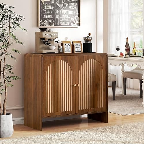RUSTYER Sideboard Buffet Cabinet with Storage, Wood Arched Storage Cabinet with 2 Doors and Adjustable Shelf, Small Curved Entryway Accent Cabinet for Living Room Hallway Kitchen Dining Room, Walnut - Image 1